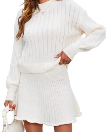 Women's Sweater Skirt Sets 2 Piece Outfits Ribbed Knit Mock Neck Sweater Pullovers A Line Mini Skirt Set