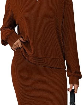 Women 2 Piece Outfits Long Sleeve Quarter Zip Collared Top Ribbed Knit Bodycon Mini Skirt Sets with Back Slit 2025