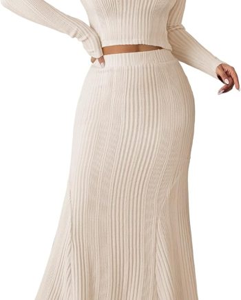 Ribbed Knit 2 Piece Dress Set for Women Fall Long Sleeve Crop Top with High Waist Skirt Set Cocktail Party Outfits