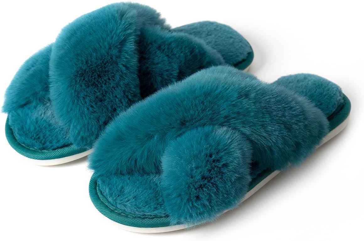 Women's Slipper Memory Foam Cross Band Fuzzy Slippers Open Toe Cozy House Slippers Cozy Plush Bedroom Indoor Outdoor