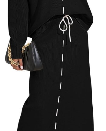 2025 Women's 2 Piece Sweater Set V Neck Rib Knit Long Sleeve Maxi Bodycon Skirt Casual Outfits