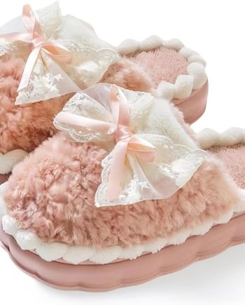 Cute Bow Slippers for Women, Womens Fuzzy Fluffy Cozy Indoor Outdoor House Slippers