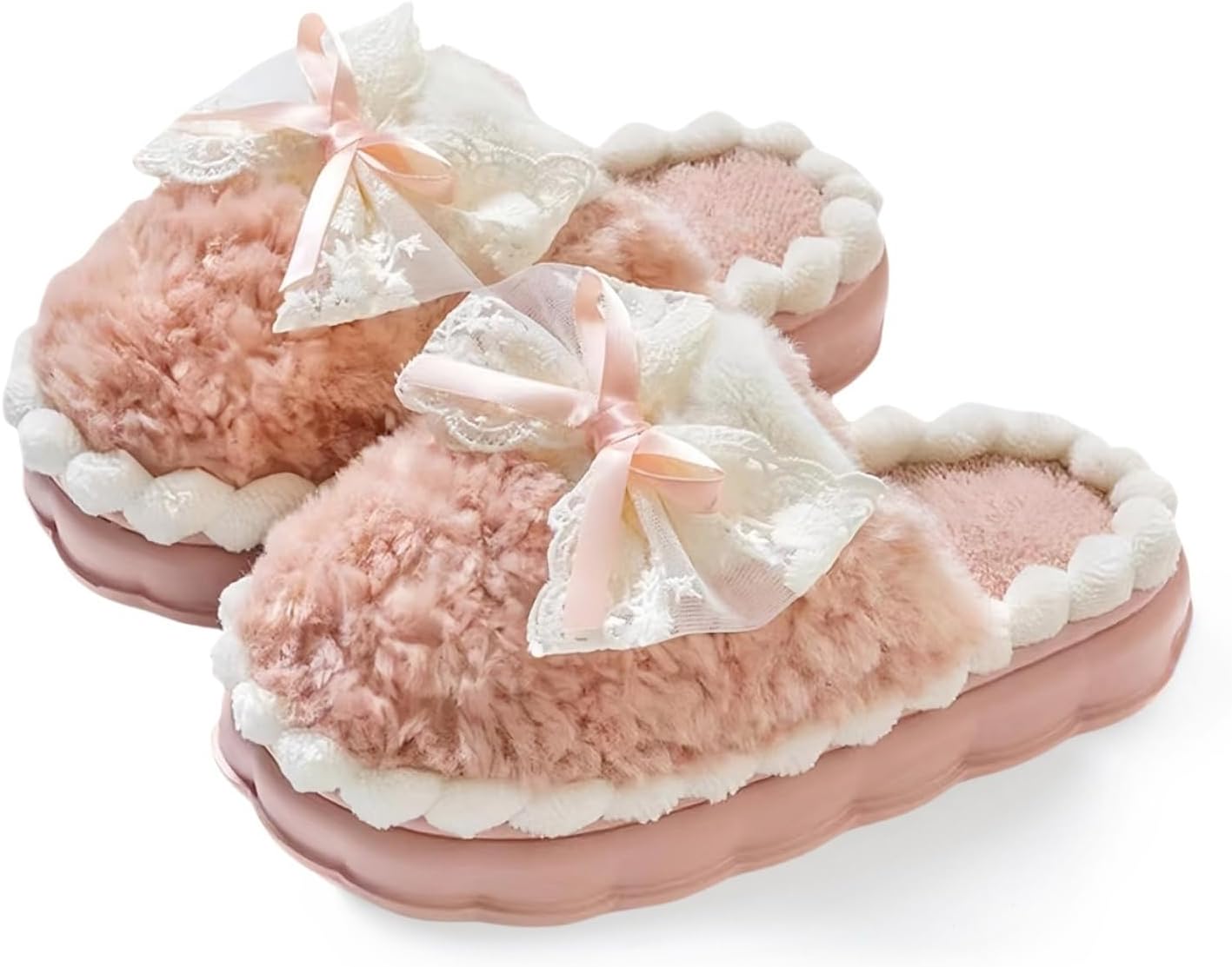 Cute Bow Slippers for Women, Womens Fuzzy Fluffy Cozy Indoor Outdoor House Slippers