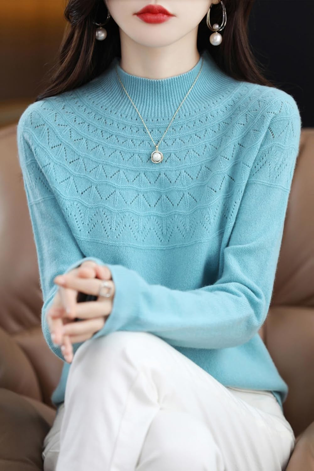 100% Merino Wool Sweaters Women's Fall Winter Warm Soft Knitted Loose Pullover Turtleneck Long Sleeves