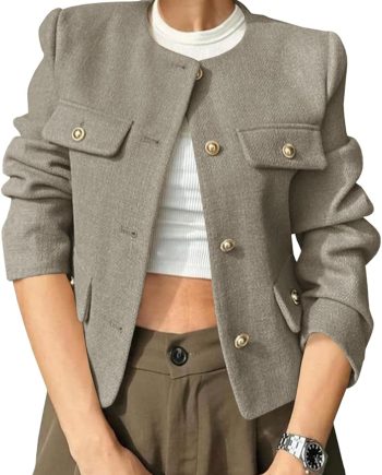 Womens Cropped Tweed Blazers Jacket Collarless Button Down Business Casual 2025 Fall Outfits Winter Coats