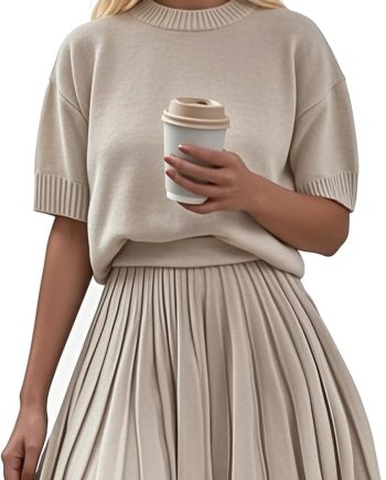 Womens 2 Piece Outfits Short Sleeve Crewneck Knit Tops And Pleated Mini Skirt Two Piece Sets