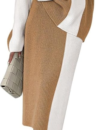 Women's 2 Piece Outfits 2025 Fall Winter Sweater Skirt Set Long Sleeve Oversized Top High Waist Color Block Dress