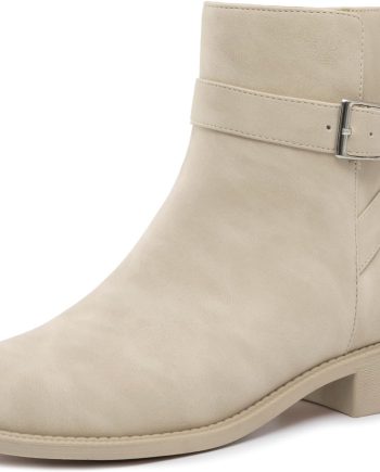 Women's Ankle Boots Chunky Low Heel Fashion Round Toe Side Zipper Buckle Booties