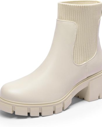 Women's Elastic Chelsea Ankle Boots Fashion Low Chunky Heel Platform Lug Sole Short Booties Shoes