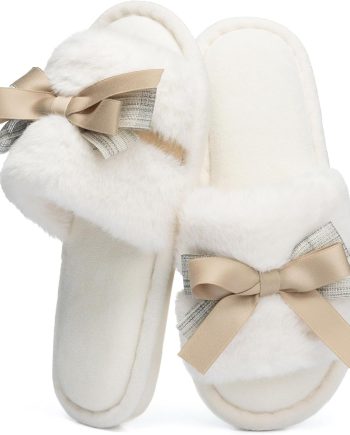 Cute Bow Slippers for Women with Memory Foam Open Toe Fuzzy House Slippers Indoor Outdoor Anti-Skid Soft Birthday Gifts for Women Mom