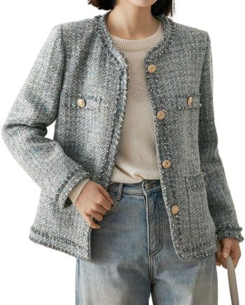Women's Elegant Houndstooth Tweed Jacket Button Down Fringed Tassel Blazer Jacket Coat