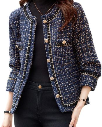 Women’s Fall Elegant Business Casual Plaid Tweed Blazer Jacket Open Front Dressy Tweed Suit Top