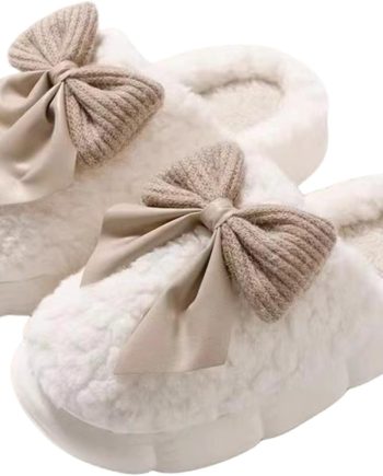 Plush Cute Bow Slippers for Women – Furry Comfy Indoor Outdoor Non-Slip House Slippers