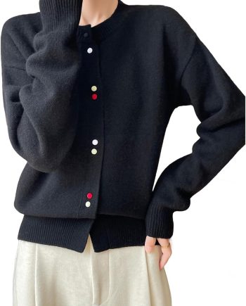 Women's Crewneck 100% Merino Wool Sweater 2025 Spring Fall Solid Long Sleeve Colorful Buttons Cardigan Sweater
