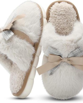 Cute Women's Memory Foam House Slippers - Fuzzy Plush Faux Fur Slippers with Bow Butterfly Tie - Anti-Skid Indoor/Outdoor Gifts for Women, Moms & Ladies