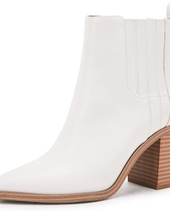 Womens Ankle Boots Slip on Pointed Toe Chunky Block Mid Heel Leather Elastic Panel Casual Chelsea Western Booties