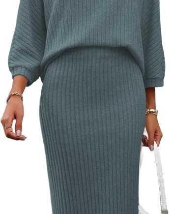 Women's 2 Piece Sweater Skirt Sets Ribbed Knit Loose Lantern Sleeve Top Midi Skirt Outfit Casual Loungewear Sets