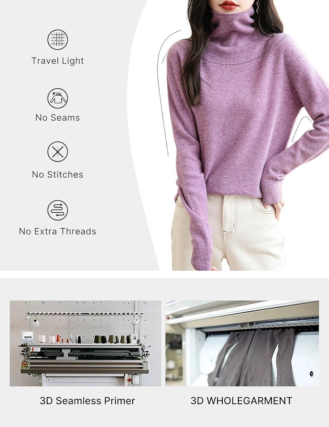 Women's 100% Merino Wool Seamless Sweater Turtleneck Ready to Wear Long Sleeve Knitted Pullover Tops