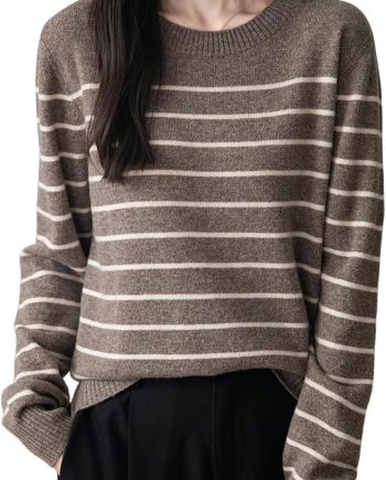 Women's 100% Merino Wool Sweater 2025 Fall Winter Crew Neck Striped Long Sleeve Warm Soft Knit Sweater
