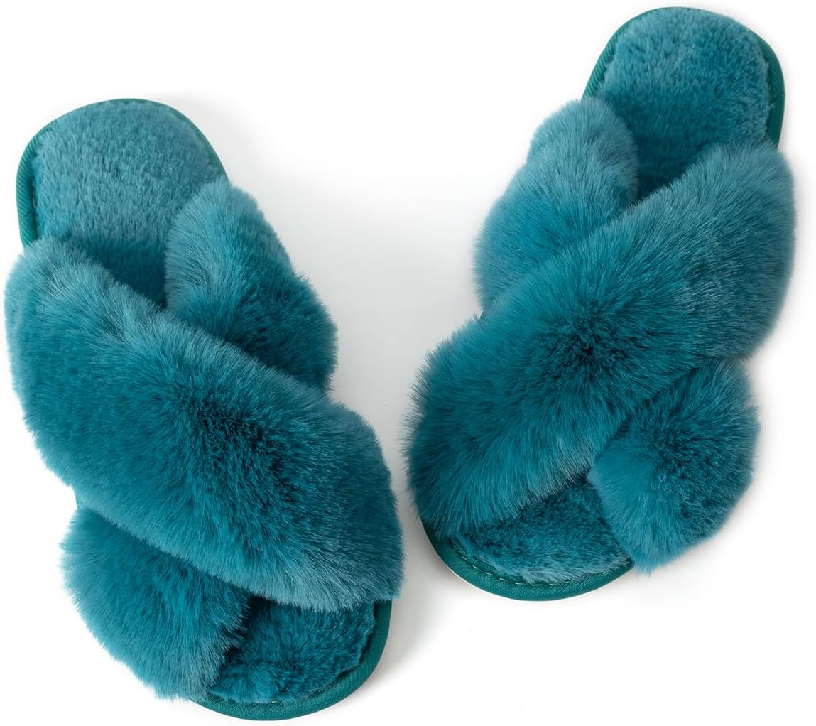 Women's Slipper Memory Foam Cross Band Fuzzy Slippers Open Toe Cozy House Slippers Cozy Plush Bedroom Indoor Outdoor