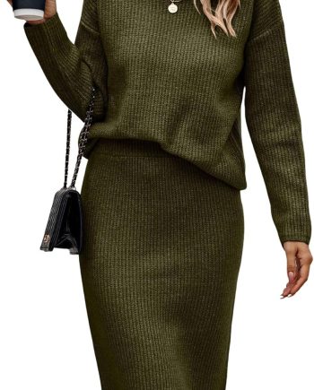 Women 2 Piece Knit Sweater Skirt Set Midi Sweater Dress Long Sleeve Pullover Bodycon Knitted Skirt Set Outfit
