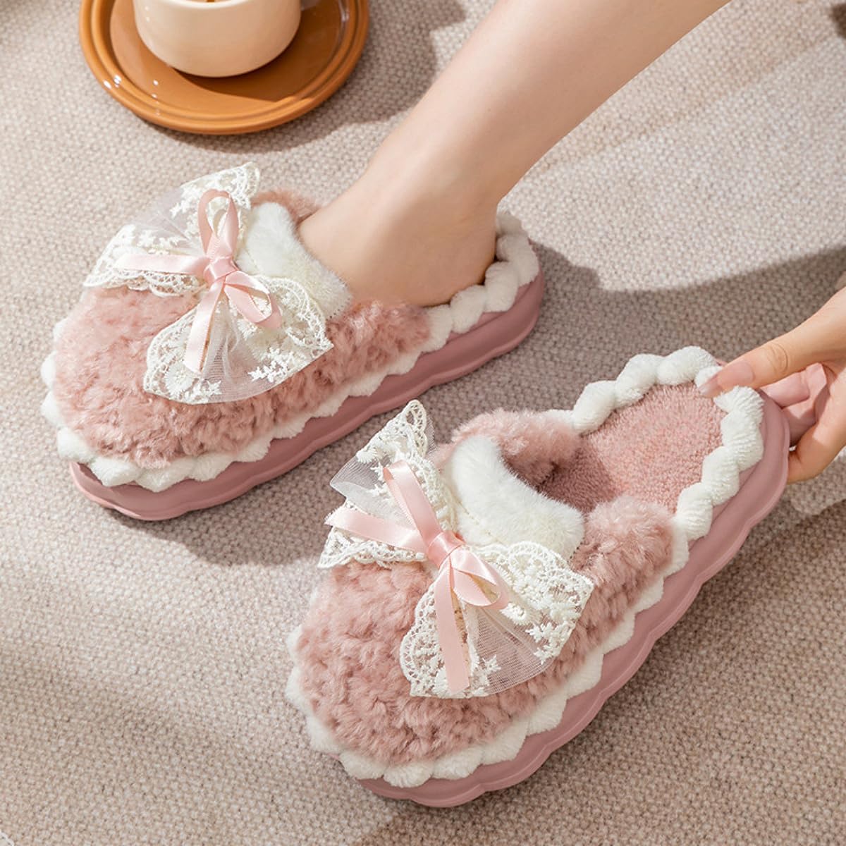 Cute Bow Slippers for Women, Womens Fuzzy Fluffy Cozy Indoor Outdoor House Slippers