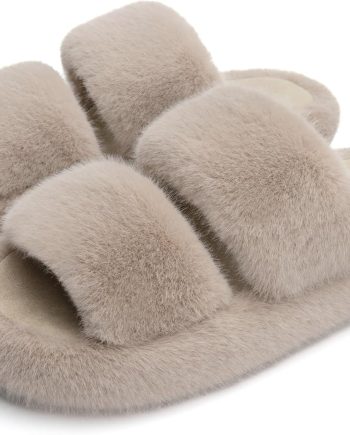 Women's Memory Foam Fuzzy Comfy Faux Fur House Shoes - Furry Bedroom Indoor Open Toe Slippers with Two Bands - Trendy Gift Slippers