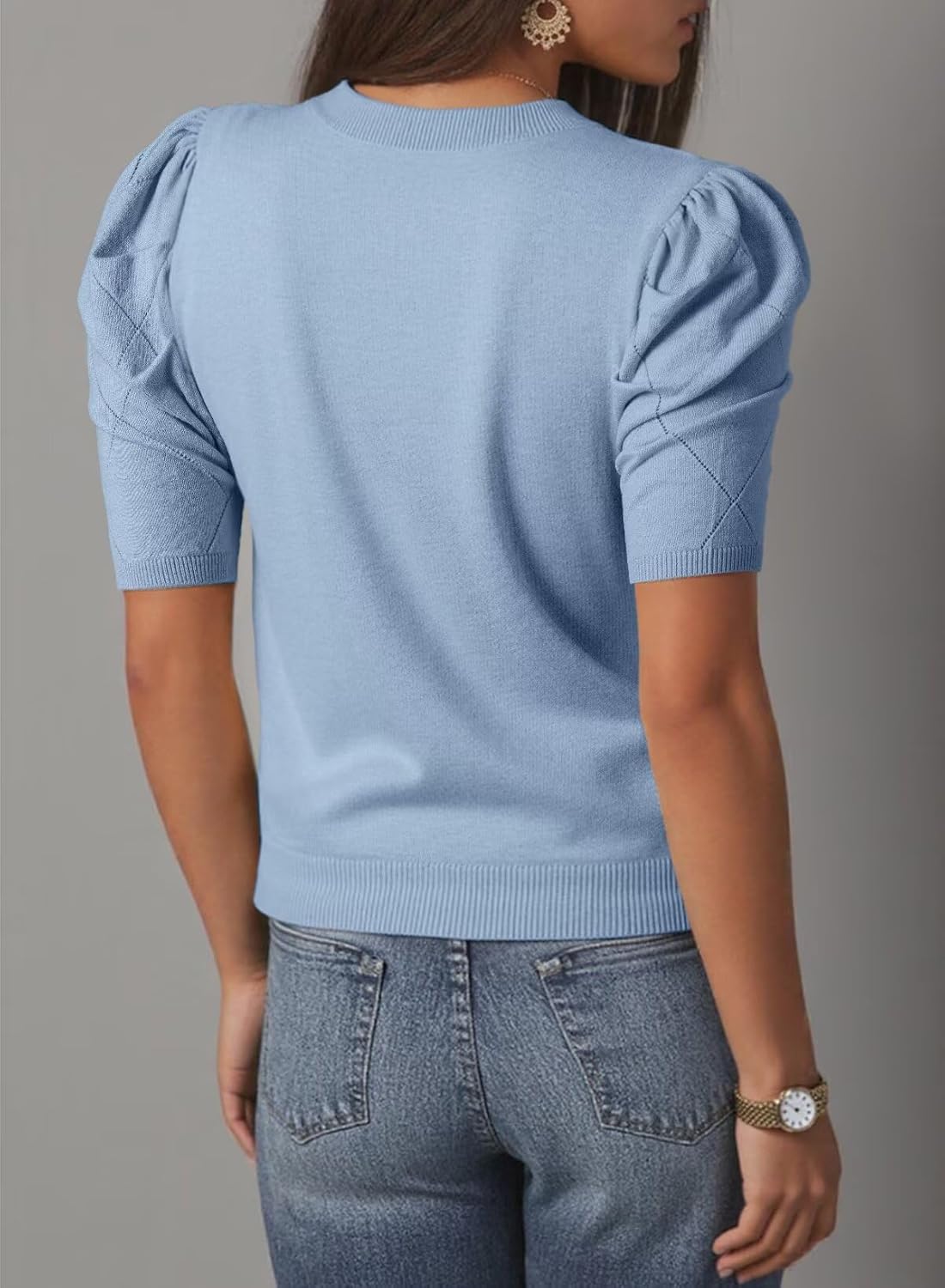 Women's Short Puff Sleeve Knit Tops 2025 Round Neck Wool Hollow Out Crochet Tops Cashmere Sweaters for Women