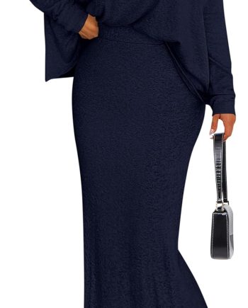 Women's Fall 2025 Two Piece Matching Skirt Sets Long Sleeve Tops Maxi Long Slit Bodycon Skirts Vacation Outfits