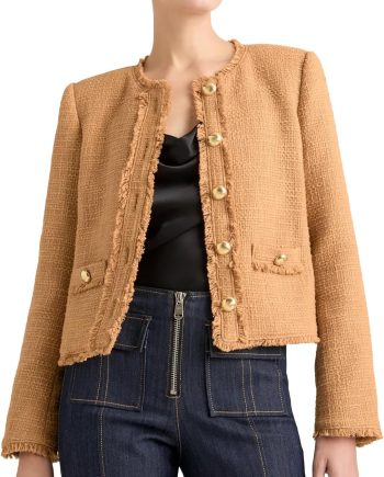Women's Fall Tweed Blazer Jackets Elegant Button Down Fringed Tassel Cropped Jacket Coat Tops Khaki