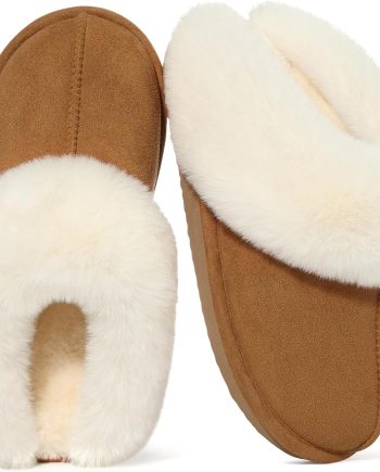 Fuzzy House Slippers for Women Fluffy Memory Foam Suede Slippers with Faux Fur Collar Indoor Outdoor