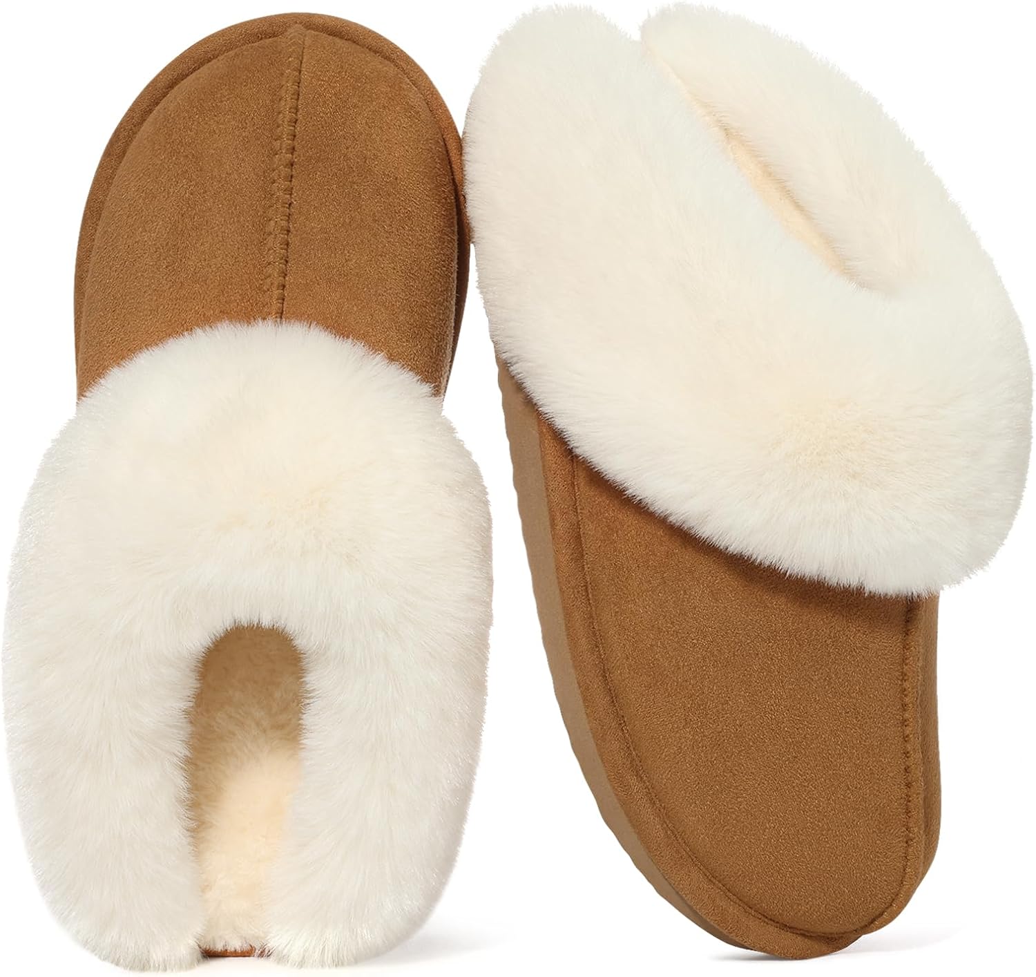Fuzzy House Slippers for Women Fluffy Memory Foam Suede Slippers with Faux Fur Collar Indoor Outdoor