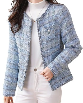 Women's Elegant Open Front Tweed Jacket Slim Collarless Bussiness Casual Blazer Jacket