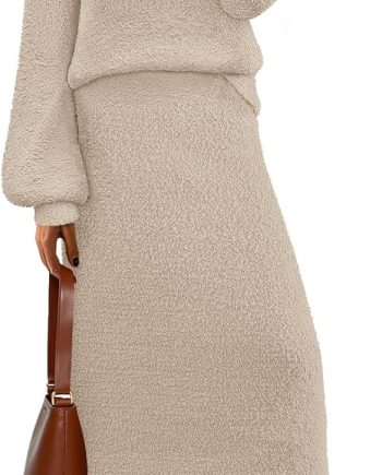Women's 2025 Fall Fuzzy 2 Piece Outfit Winter Long Sleeve Off Shoulder Pullover Top Midi Skirt Matching Lounge Sets