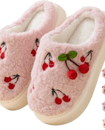 Women's Cherry Slippers Cozy Winter Warm Fuzzy Slippers with Non-Slip Sole Cute Indoor Home Slip On Plush Bedroom House Shoes Gifts