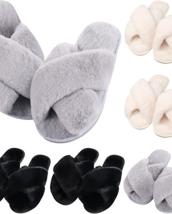6 Pairs Womens Cross Band Slippers Fuzzy Plush House Bridesmaid Slipper White | Black | Pink Open Toe Fluffy Slipper Soft Warm Bridal Slippers