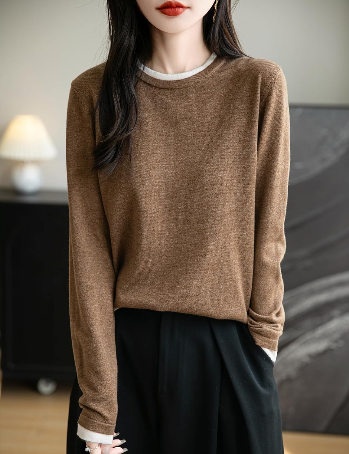 Women's Merino Wool Blend Sweater Fall Winter Fake Two Piece Color Block Shirt Crewneck Long Sleeve Knit Pullover