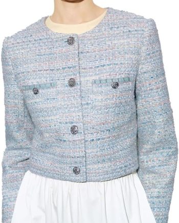 Women's Long Sleeve Cropped Tweed Jacket with Pocket Button Slim Fit Work Office Short Tweed Blazer