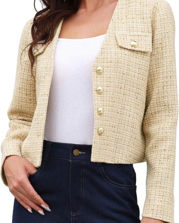K Tweed Jacket Women Long Sleeve Button Down Collarless Business Casual Blazer Fall Trendy Cropped Jackets