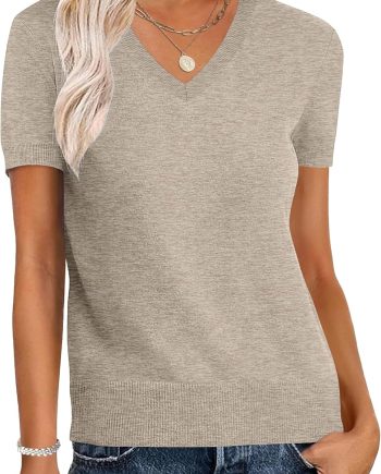 Women Wool Blend Sweater Summer 2025 Short Sleeve V Neck Pullover Top Business Casual Outfit Beach Vacation Clothes