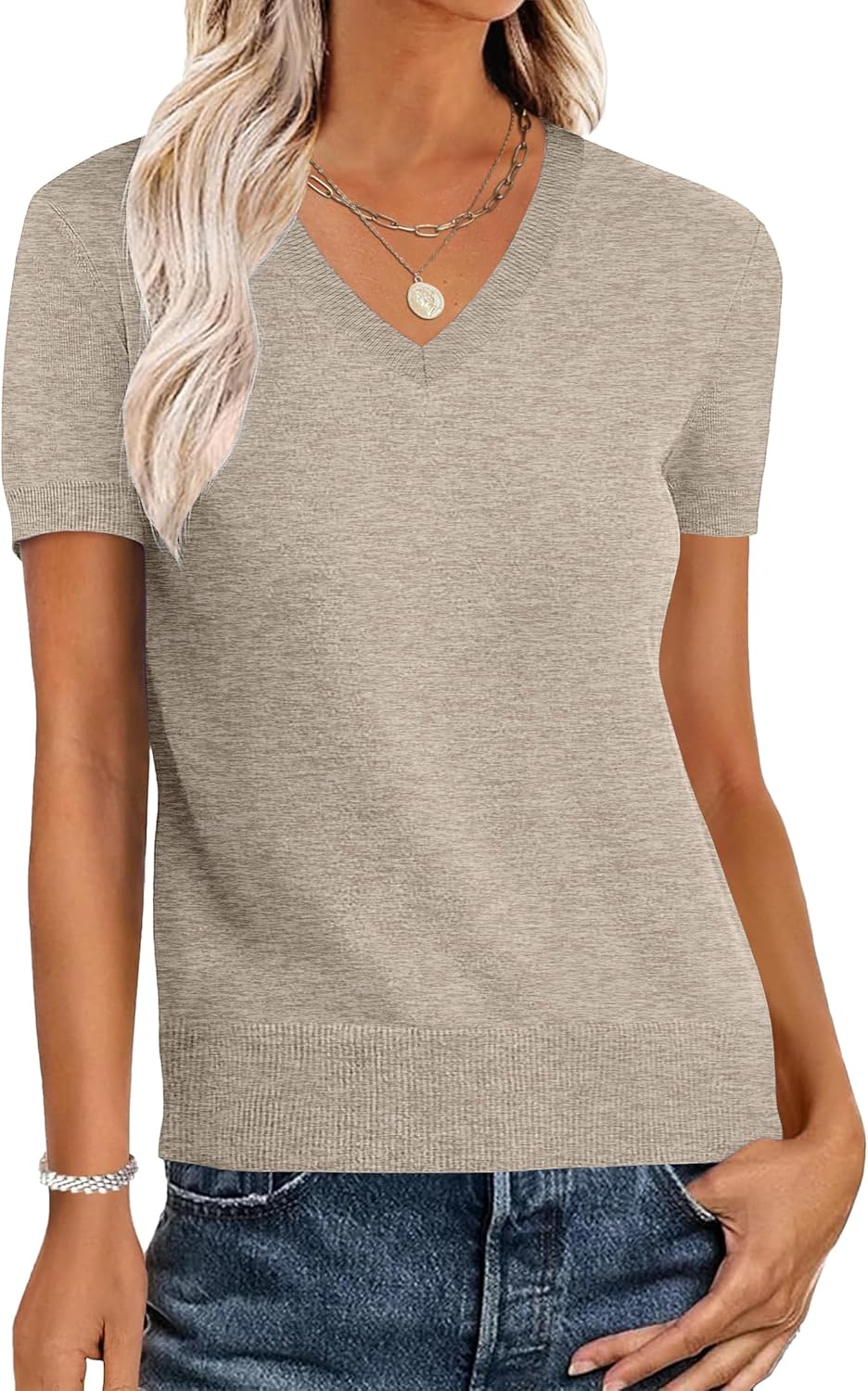 Women Wool Blend Sweater Summer 2025 Short Sleeve V Neck Pullover Top Business Casual Outfit Beach Vacation Clothes