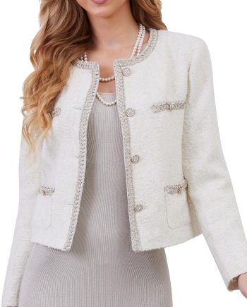Womens Tweed Blazer Jacket, Cropped Long Sleeve Blazers with Pockets Crewneck Open Front Collarless