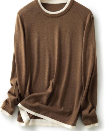 Women's Merino Wool Blend Sweater Fall Winter Fake Two Piece Color Block Shirt Crewneck Long Sleeve Knit Pullover