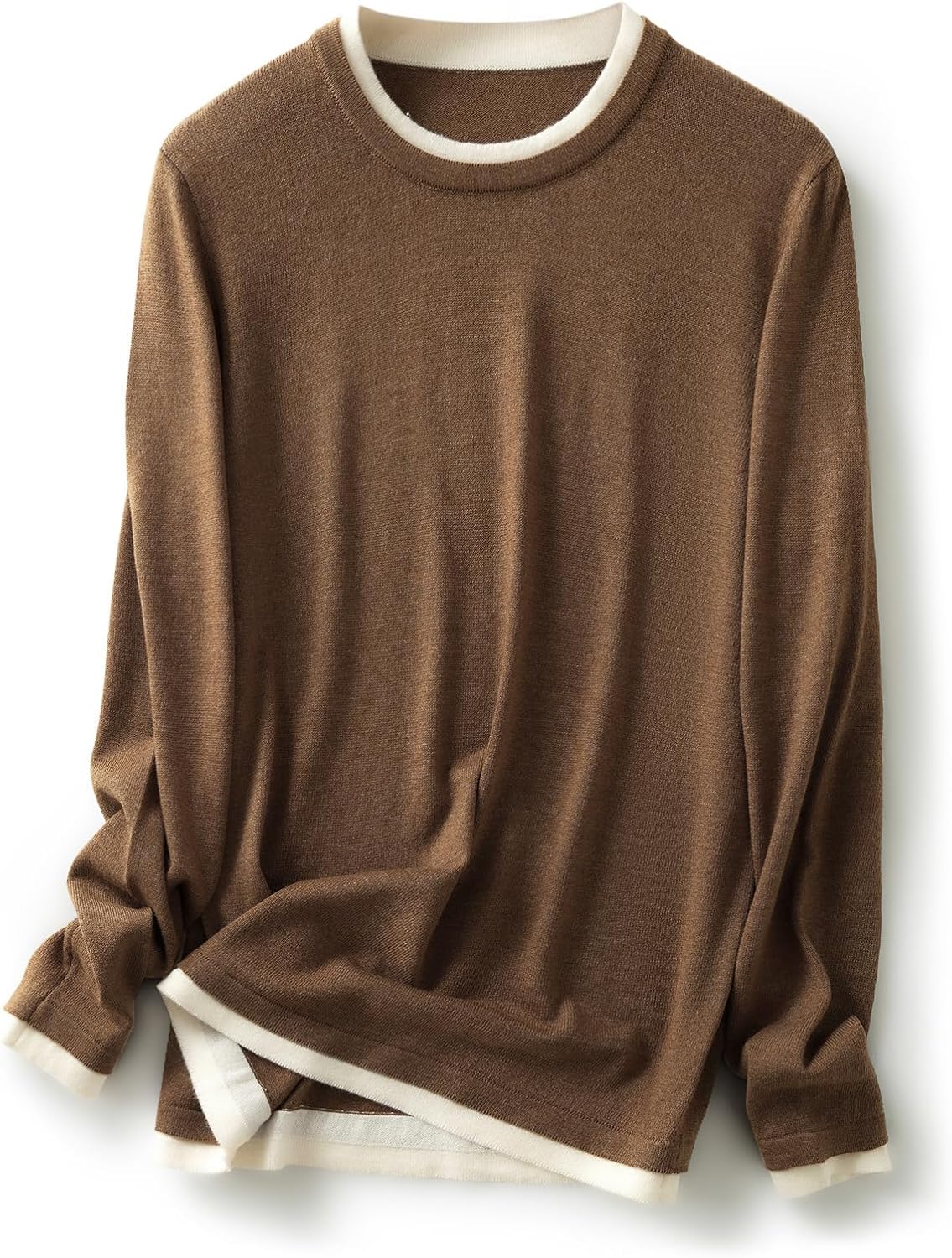 Women's Merino Wool Blend Sweater Fall Winter Fake Two Piece Color Block Shirt Crewneck Long Sleeve Knit Pullover