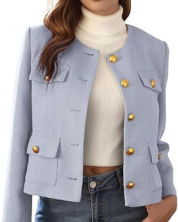 2025 Women Tweed Jacket Cropped Blazers Fall Winter Elegant Round Neck Pockets Business Casual Outfit