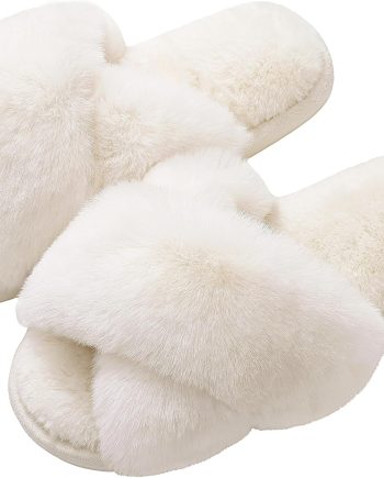 Women's Fuzzy Slippers Cross Band Memory Foam House Slippers Open Toe
