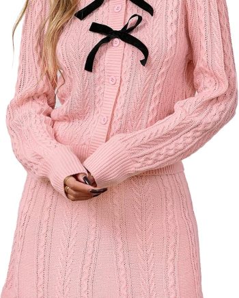 Womens Valentines 2 Piece Set Cable Knit Bow Mini Dress Outfits 2025