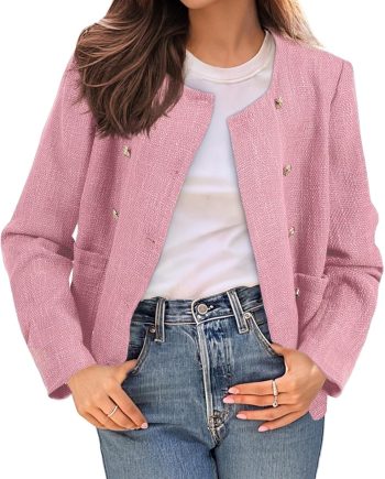 Womens Cropped Tweed Blazers Casual Long Sleeve Double Breasted Open Front Blazer Jackets Work Suits