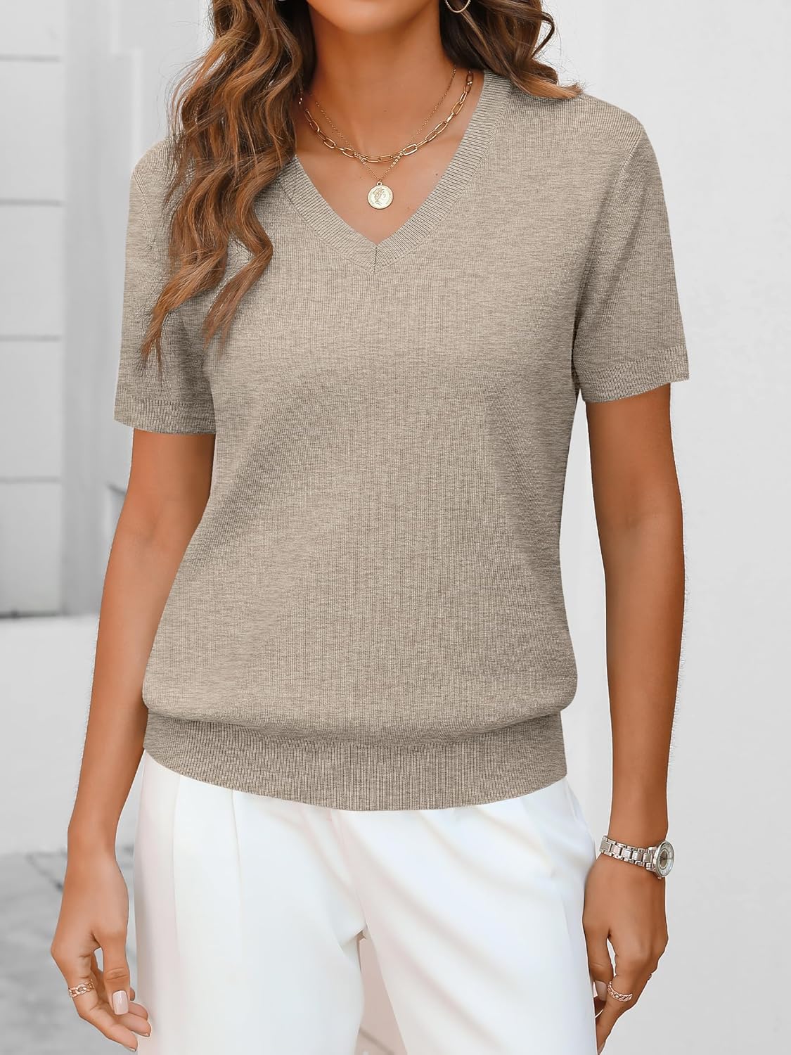 Women Wool Blend Sweater Summer 2025 Short Sleeve V Neck Pullover Top Business Casual Outfit Beach Vacation Clothes