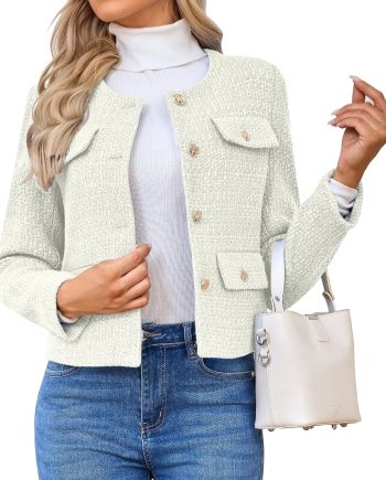 Women's Tweed Blazers Jackets Casual Long Sleeve Button Down Business Short Casual Cropped Coats